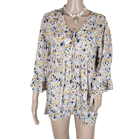 Cynthia Rowley Yellow Blue Floral Peasant Pleated Blouse - Picture 1 of 3